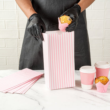 Bag Tek Pink and White Stripe Paper Bag - 8 lb - 6" x 4" x 11 3/4" - 100 count box