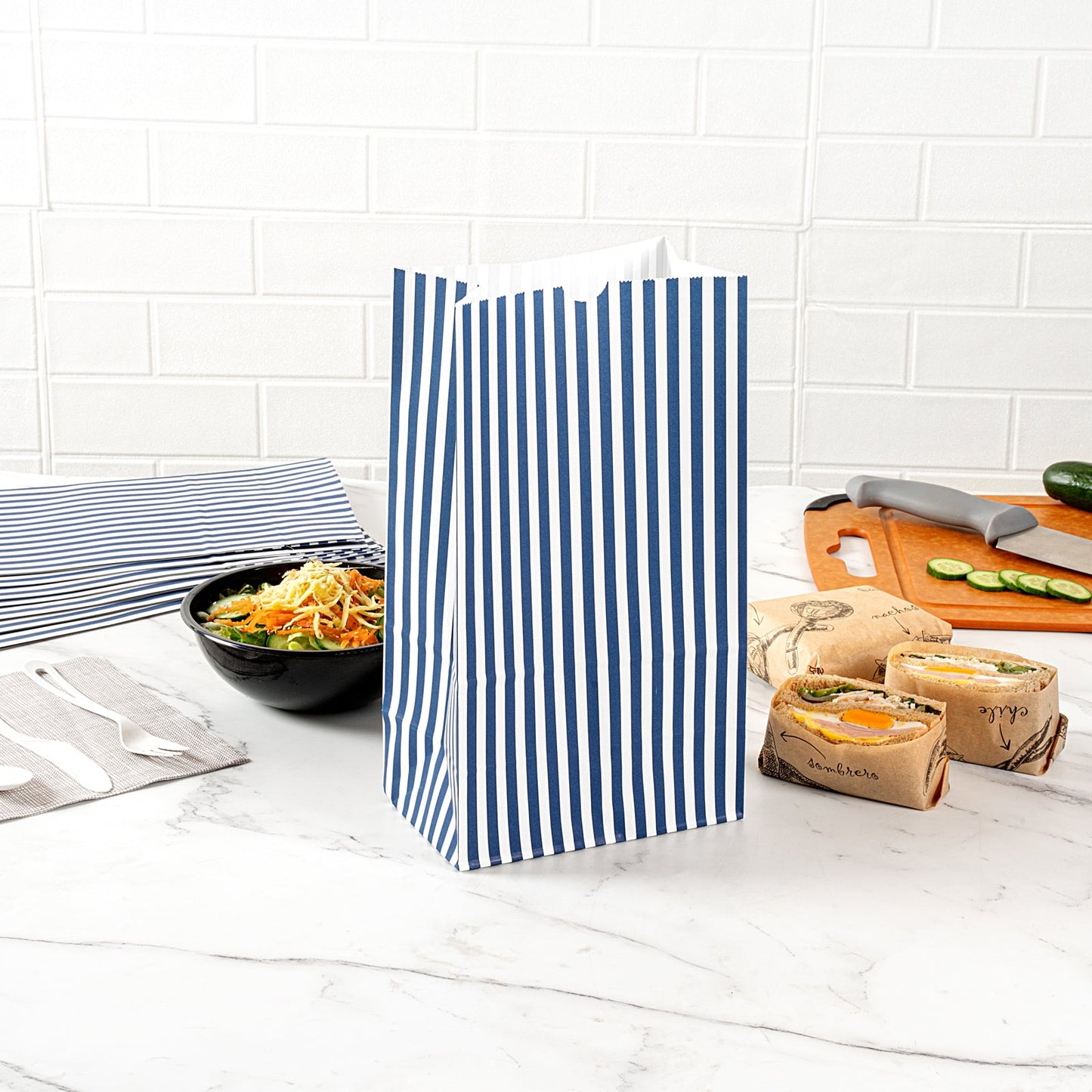 Bag Tek Blue and White Stripe Paper Bag - 12 lb - 7" x 4 1/4" x 12 1/2" - 100 count box