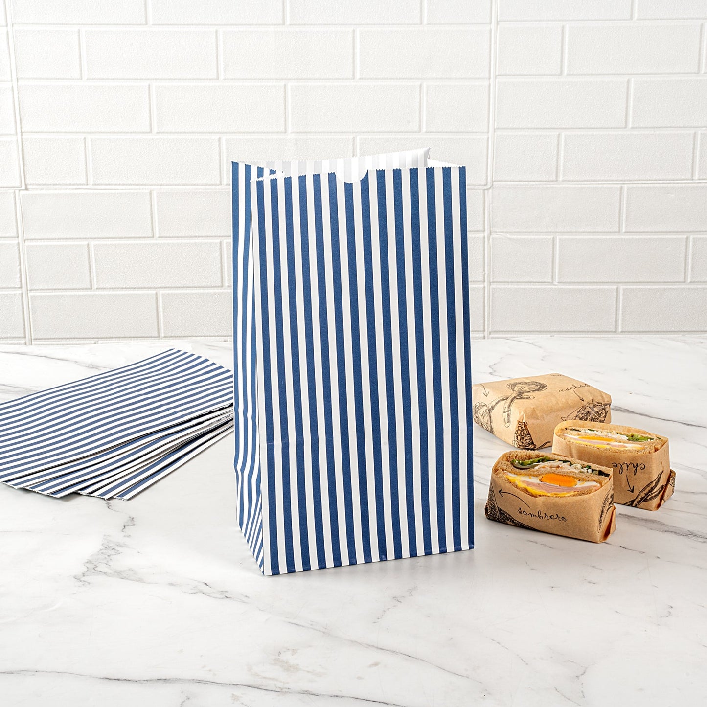 Bag Tek Blue and White Stripe Paper Bag - 12 lb - 7" x 4 1/4" x 12 1/2" - 100 count box