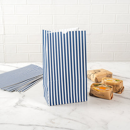Bag Tek Blue and White Stripe Paper Bag - 12 lb - 7" x 4 1/4" x 12 1/2" - 100 count box