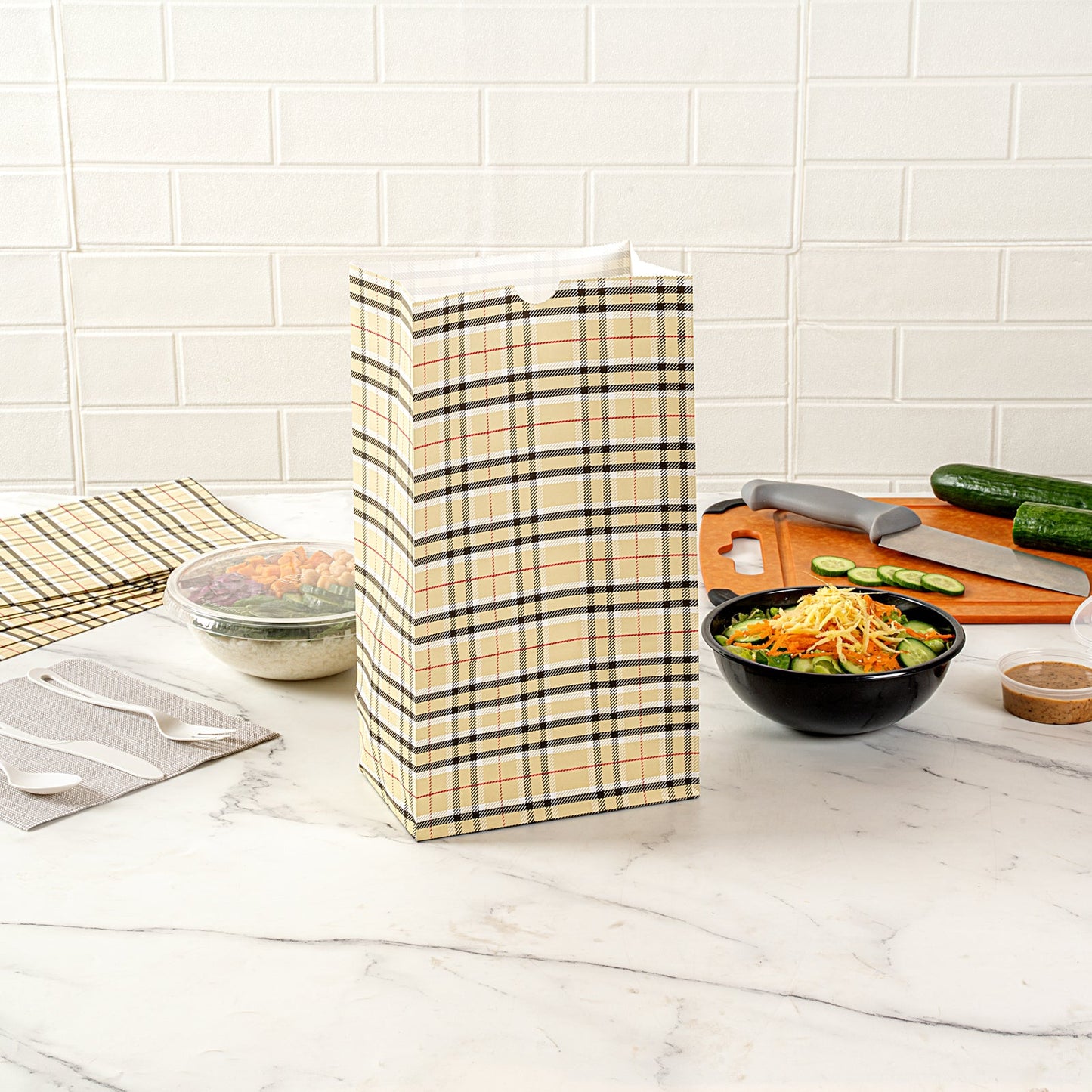 Bag Tek Plaid Paper Bag - 12 lb - 7" x 4 1/4" x 12 1/2" - 100 count box