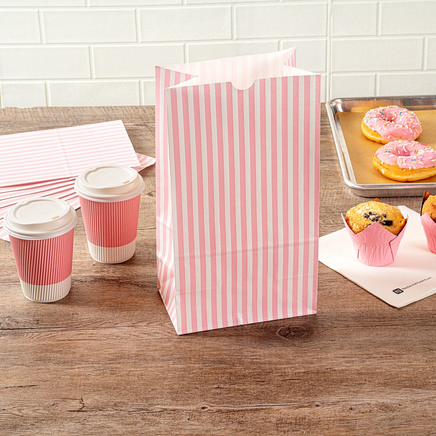 Bag Tek Pink and White Stripe Paper Bag - 12 lb - 7" x 4 1/4" x 12 1/2" - 100 count box
