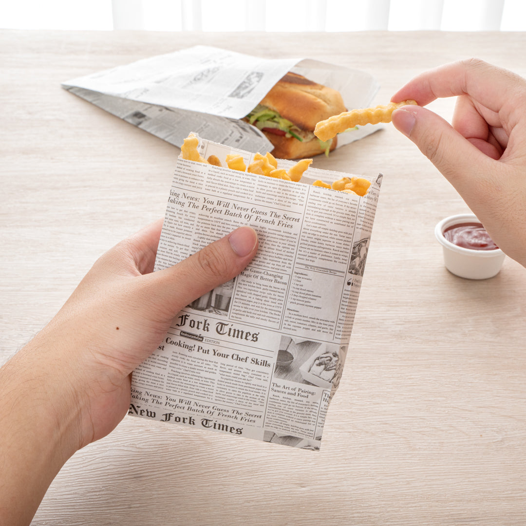 Bag Tek Newsprint Paper French Fry / Snack Bag - 4 1/4" x 1 1/2" x 6 1/4" - 100 count box