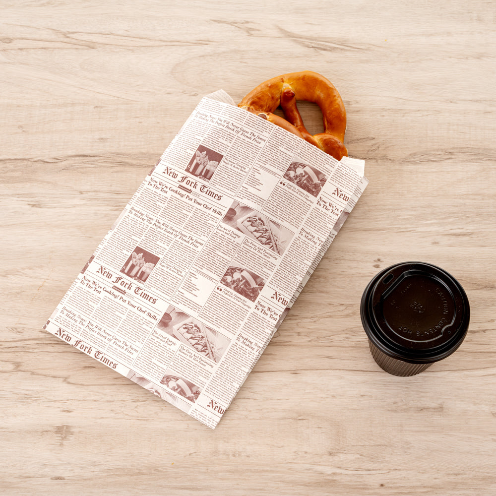 Bag Tek Sepia Newsprint Paper French Fry / Snack Bag - 7" x 3" x 11" - 100 count box