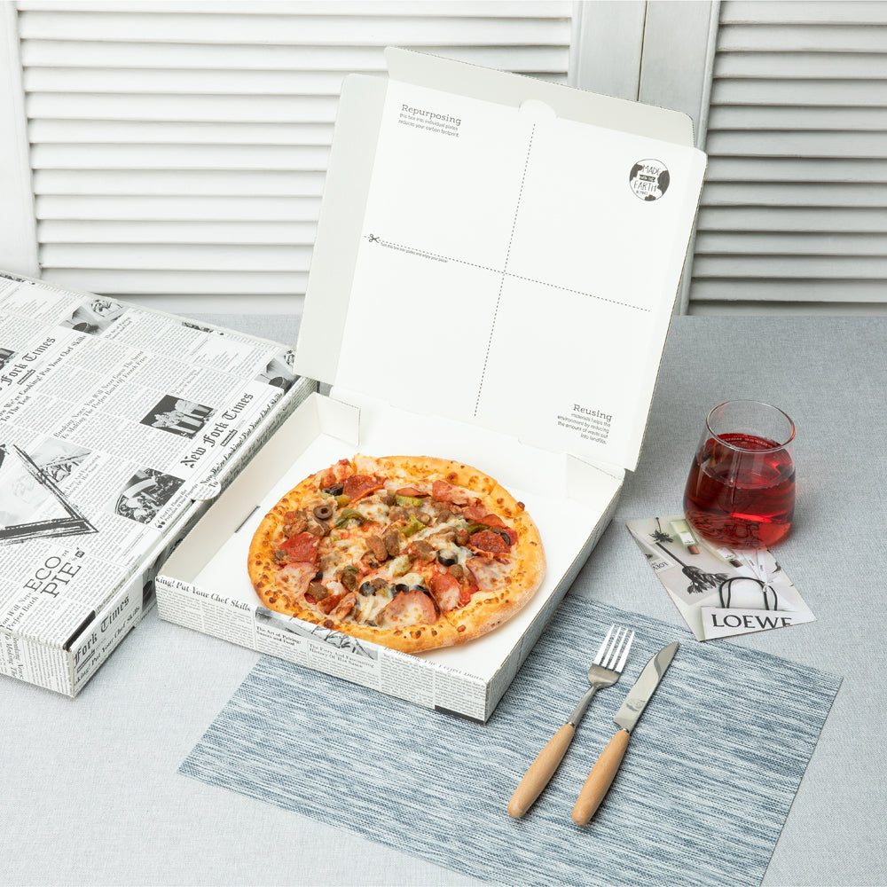 Eco Pie Newsprint and White Paper Corrugated Pizza Box - Repurpose for Plates - 16 1/4" x 16 1/4" x 1 3/4" - 50 count box