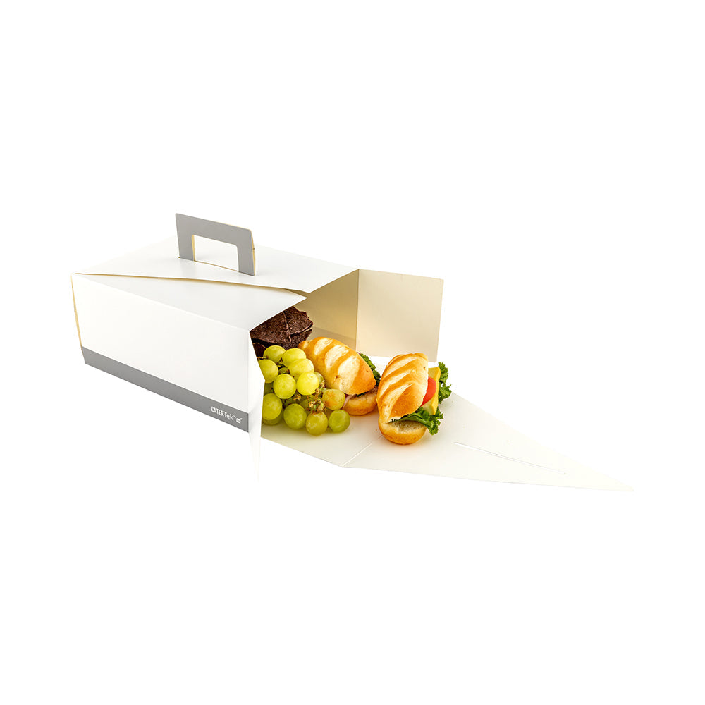 Cater Tek Rectangle White and Gray Paper Take Out Container - with Handle - 9" x 7" x 3" - 100 count box