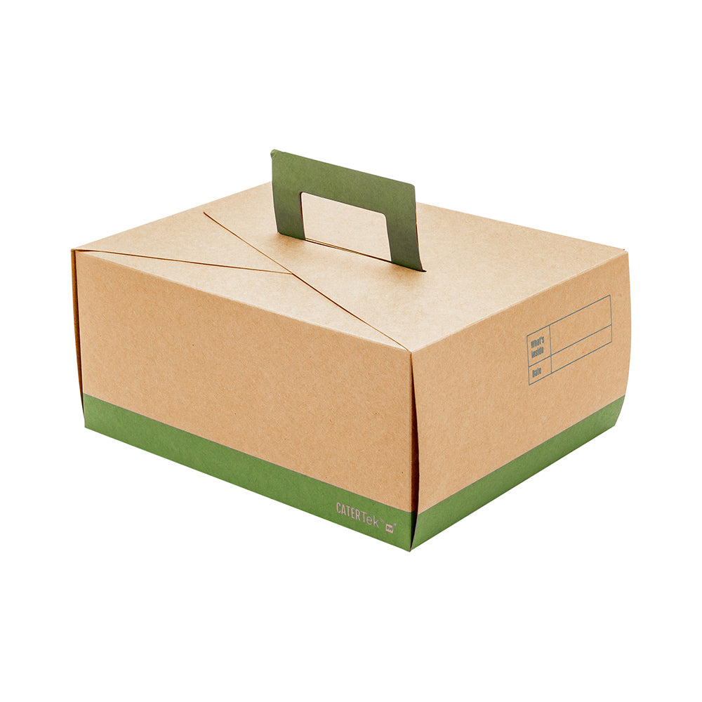 Cater Tek Rectangle Kraft and Green Paper Take Out Container - with Handle - 9" x 7" x 3" - 100 count box