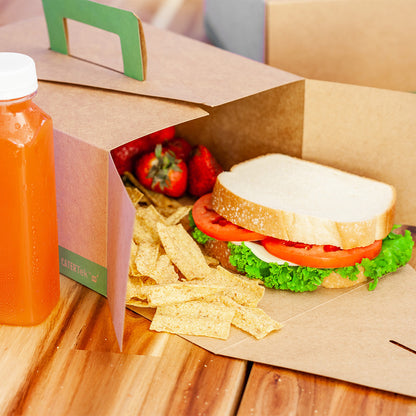 Cater Tek Rectangle Kraft and Green Paper Take Out Container - with Handle - 9" x 7" x 3" - 100 count box