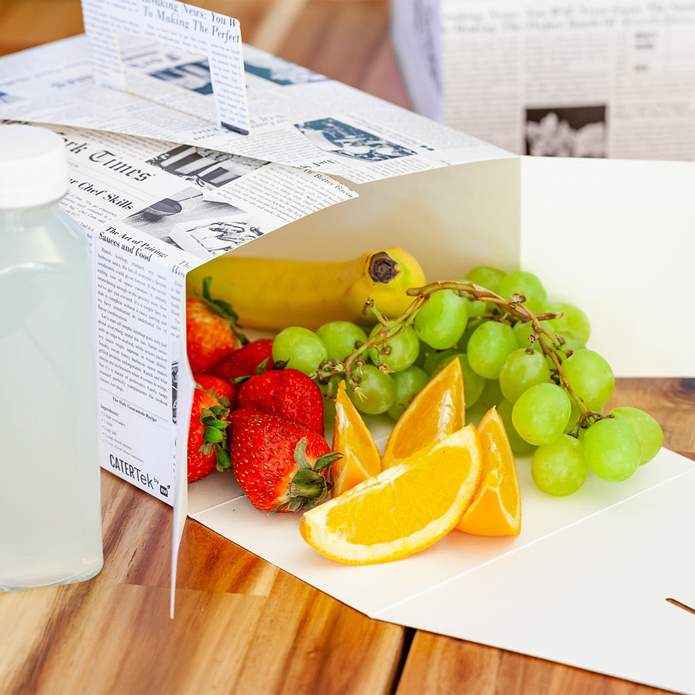 Cater Tek Rectangle Newsprint Paper Take Out Container - with Handle - 9" x 7" x 3" - 100 count box