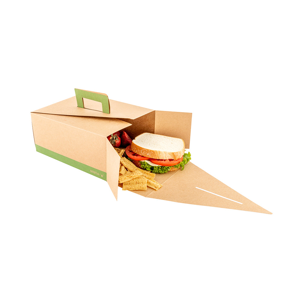 Cater Tek Rectangle Kraft and Green Paper Deep Take Out Container - with Handle - 9" x 7" x 4" - 100 count box