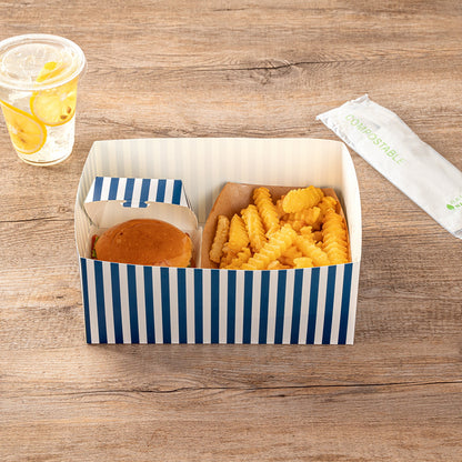 Bio Tek Rectangle Blue and White Stripe Paper Sandwich / Burger Open Tray - 8 1/2" x 6" x 3 1/2" - 100 count box