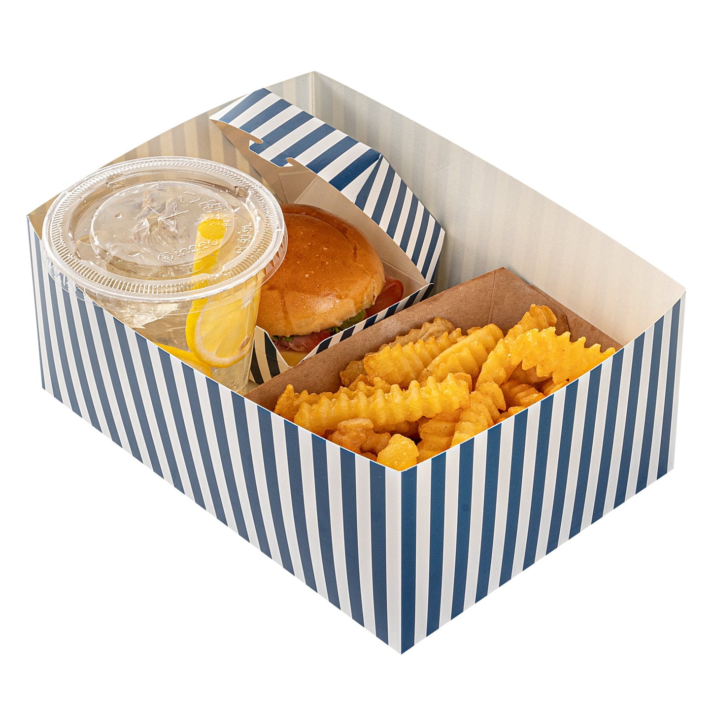 Bio Tek Rectangle Blue and White Stripe Paper Sandwich / Burger Open Tray - 8 1/2" x 6" x 3 1/2" - 100 count box