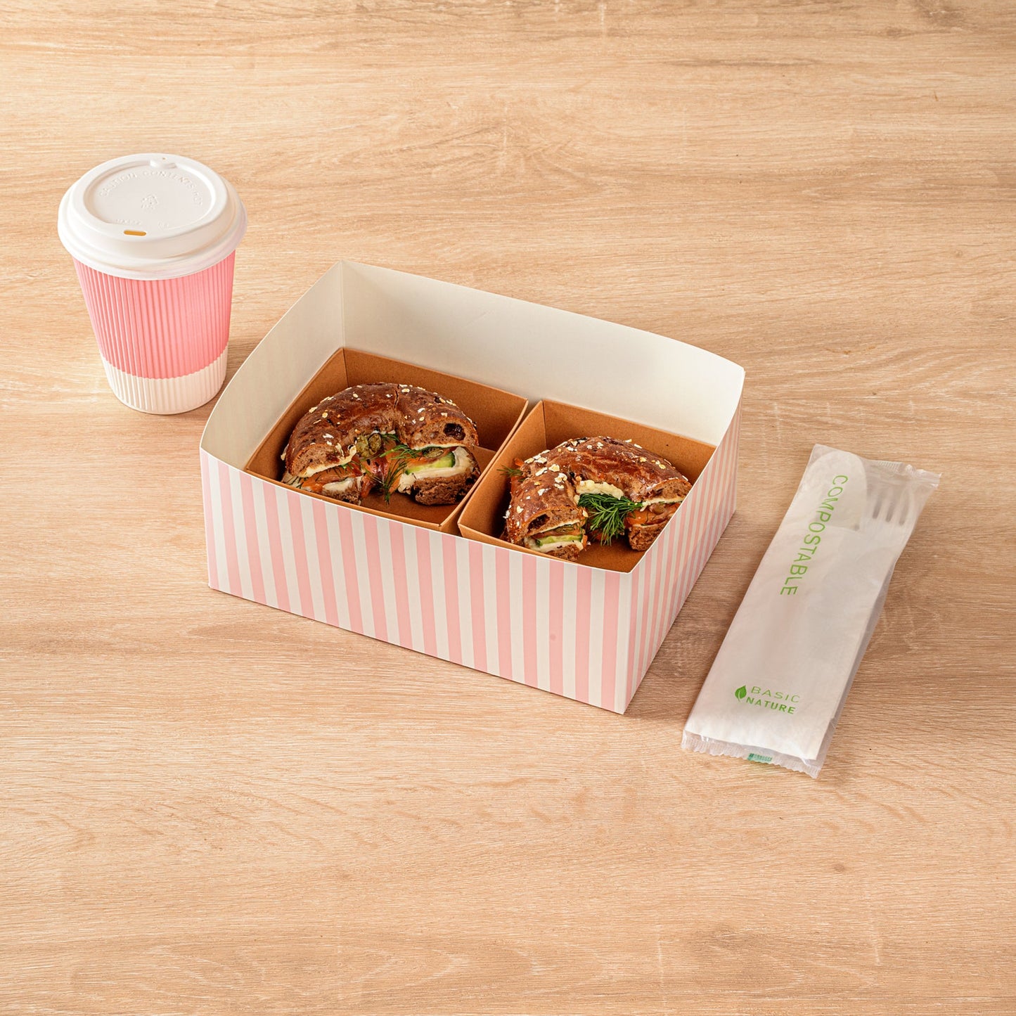 Bio Tek Rectangle Pink and White Stripe Paper Sandwich / Burger Open Tray - 8 1/2" x 6" x 3 1/2" - 100 count box
