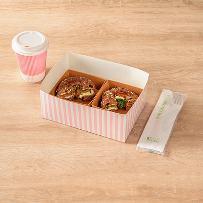 Bio Tek Rectangle Pink and White Stripe Paper Sandwich / Burger Open Tray - 8 1/2" x 6" x 3 1/2" - 100 count box