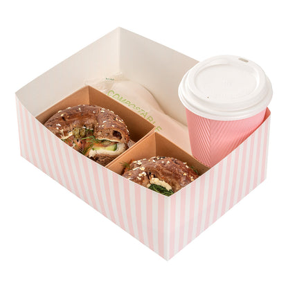 Bio Tek Rectangle Pink and White Stripe Paper Sandwich / Burger Open Tray - 8 1/2" x 6" x 3 1/2" - 100 count box