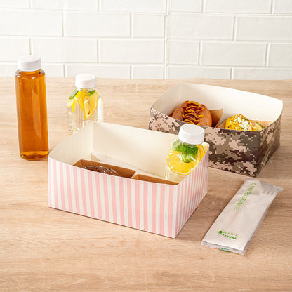 Bio Tek Rectangle Pink and White Stripe Paper Sandwich / Burger Open Tray - 8 1/2" x 6" x 3 1/2" - 100 count box