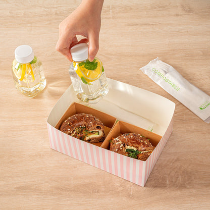 Bio Tek Rectangle Pink and White Stripe Paper Sandwich / Burger Open Tray - 8 1/2" x 6" x 3 1/2" - 100 count box