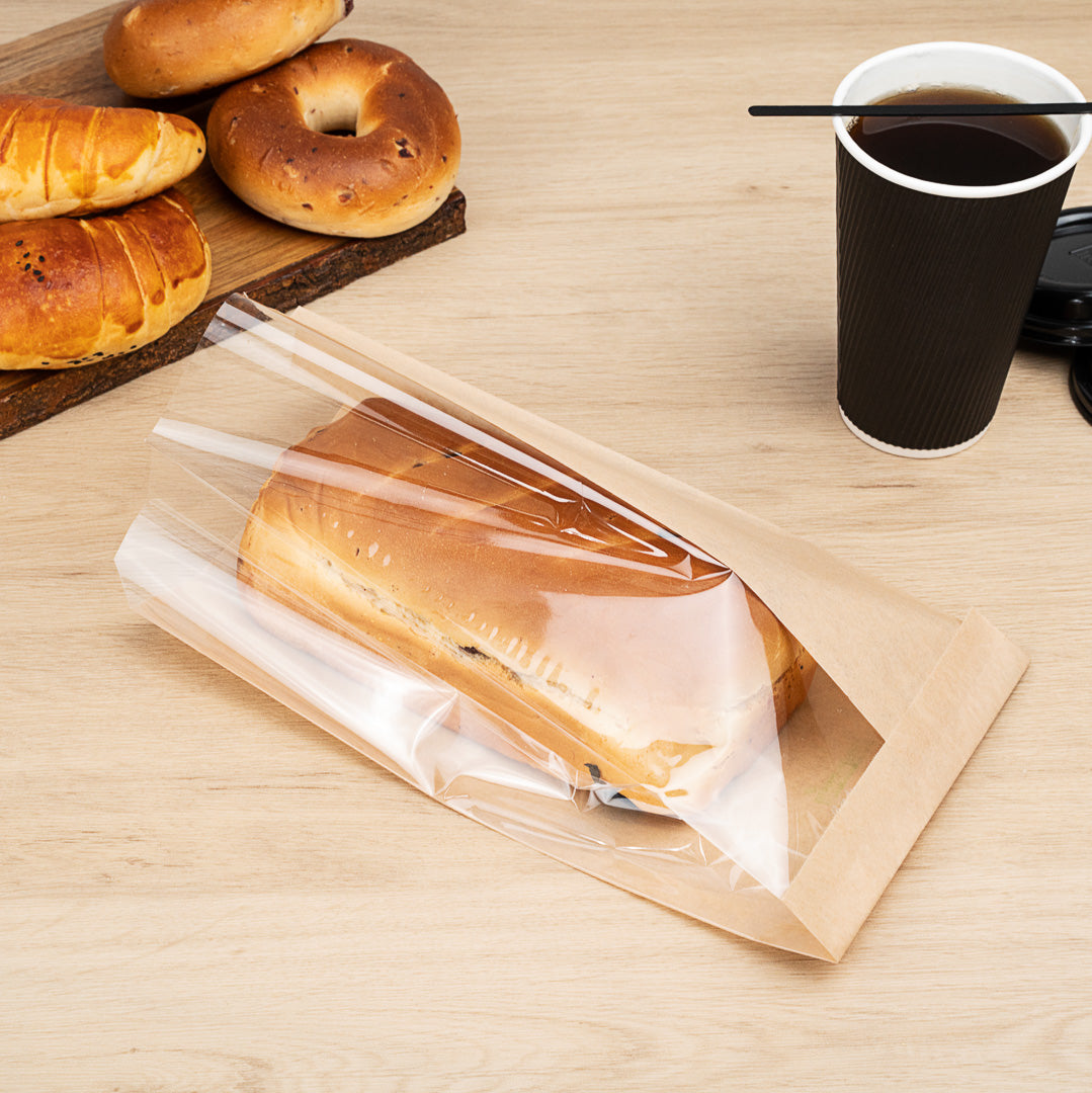 Bag Tek Kraft Paper Large Bread Bag - Side Window - 6" x 2 3/4" x 11 1/2" - 100 count box