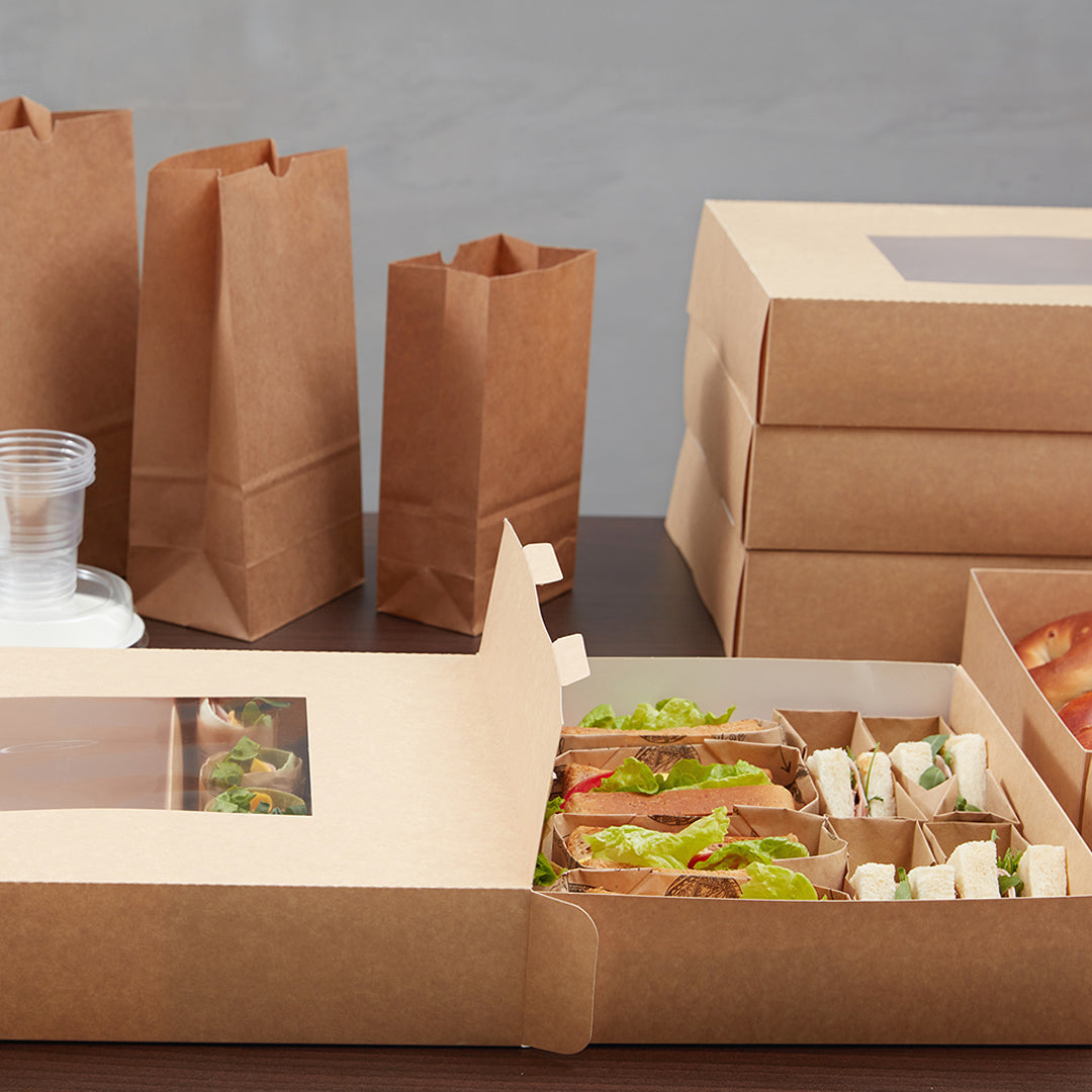 Slide Tek Rectangle Kraft Paper Catering Tray - with Window - 17 3/4" x 12 1/4" x 3 1/4" - 10 count box
