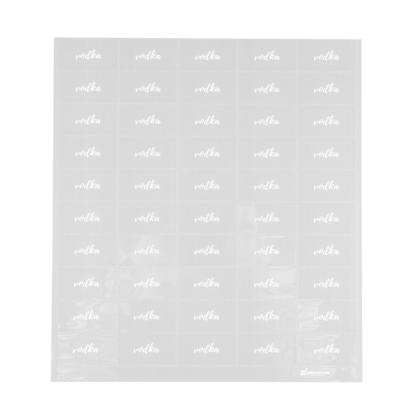 Label Tek Plastic Vodka Label - Clear with White Font, Water-Resistant - 2" x 1" - 100 count box