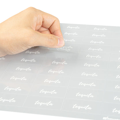 Label Tek Plastic Tequila Label - Clear with White Font, Water-Resistant - 2" x 1" - 100 count box