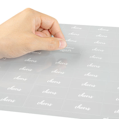 Label Tek Plastic Cheers Label - Clear with White Font, Water-Resistant - 2" x 1" - 100 count box