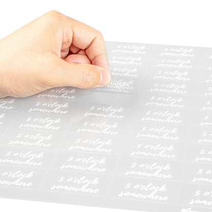 Label Tek Plastic 5 O'Clock Somewhere Label - Clear with White Font, Water-Resistant - 2" x 1" - 100 count box