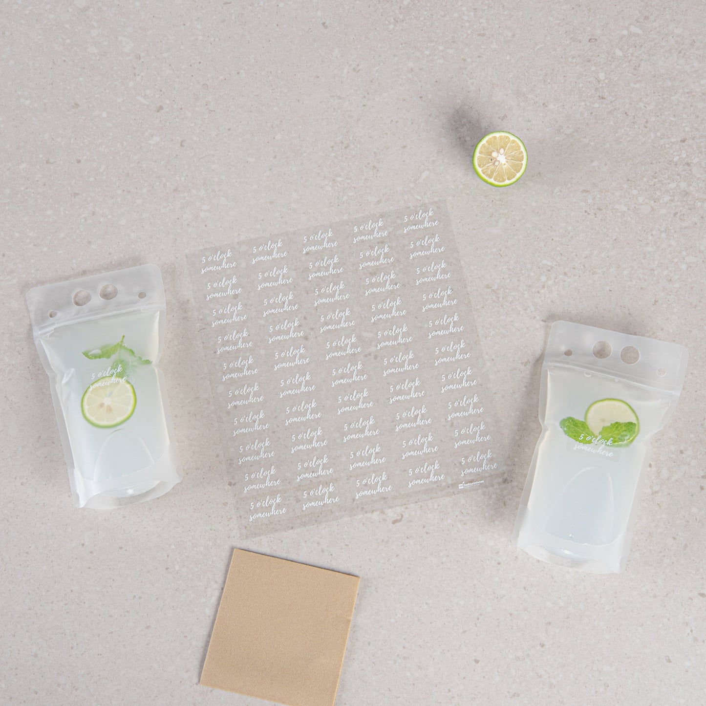 Label Tek Plastic 5 O'Clock Somewhere Label - Clear with White Font, Water-Resistant - 2" x 1" - 100 count box