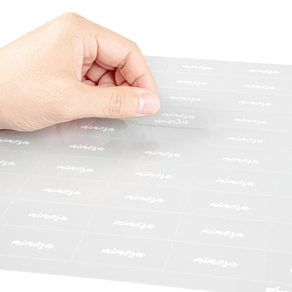Label Tek Plastic Mimosa Label - Clear with White Font, Water-Resistant - 2" x 1" - 100 count box