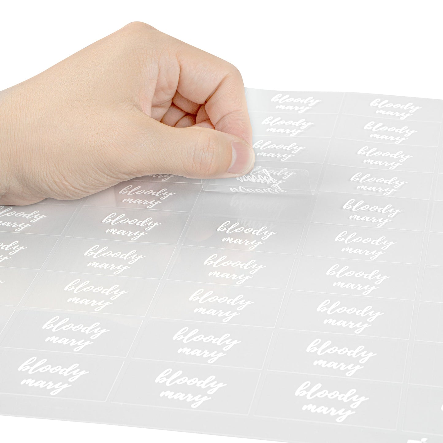 Label Tek Plastic Bloody Mary Label - Clear with White Font, Water-Resistant - 2" x 1" - 100 count box