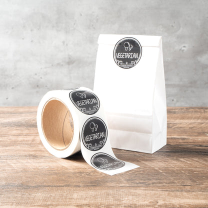 Label Tek Plastic Vegetarian Label - Black with White Font, Tamper-Evident - 2" x 2" - 500 count box