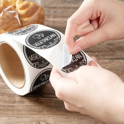 Label Tek Plastic Vegetarian Label - Black with White Font, Tamper-Evident - 2" x 2" - 500 count box