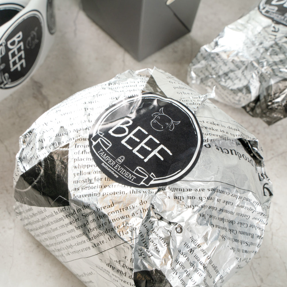 Label Tek Plastic Beef Label - Black with White Font, Tamper-Evident - 2" x 2" - 500 count box