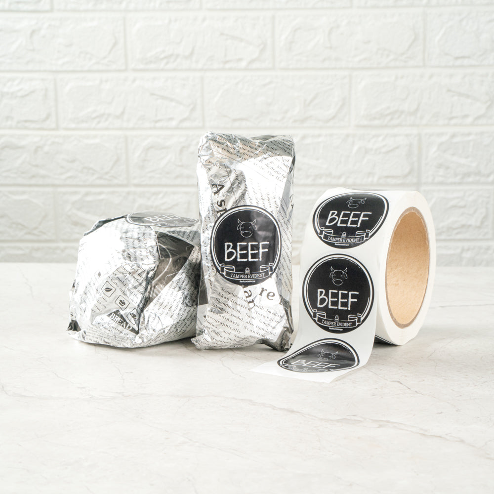 Label Tek Plastic Beef Label - Black with White Font, Tamper-Evident - 2" x 2" - 500 count box