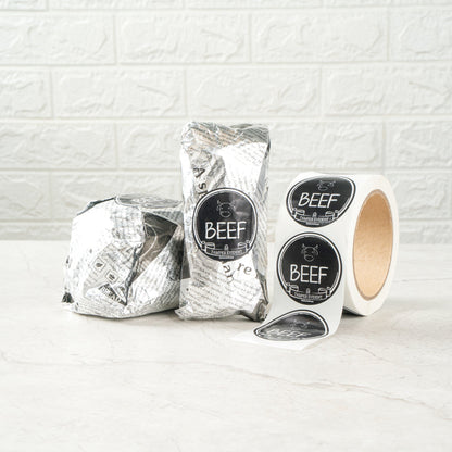 Label Tek Plastic Beef Label - Black with White Font, Tamper-Evident - 2" x 2" - 500 count box