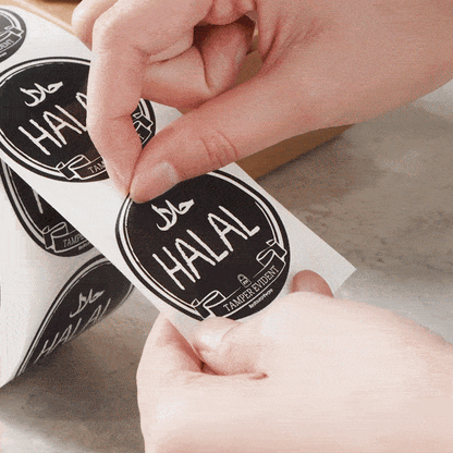 Label Tek Plastic Halal Label - Black with White Font, Tamper-Evident - 2" x 2" - 500 count box