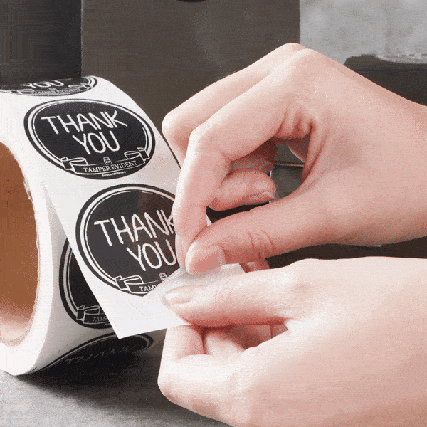 Label Tek Plastic Thank You Label - Black with White Font, Tamper-Evident - 2" x 2" - 500 count box