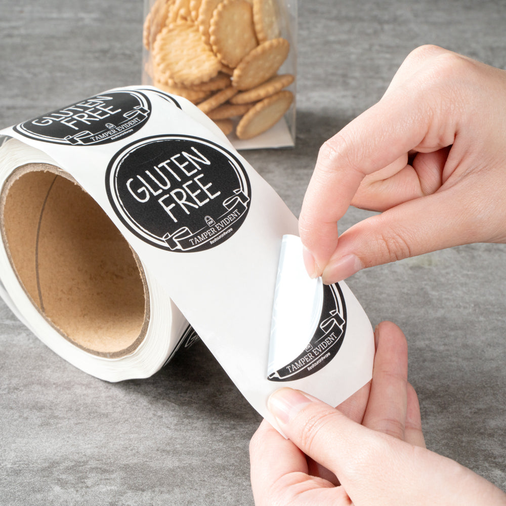 Label Tek Plastic Gluten Free Label - Black with White Font, Tamper-Evident - 2" x 2" - 500 count box