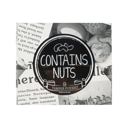 Label Tek Plastic Contains Nuts Label - Black with White Font, Tamper-Evident - 2" x 2" - 500 count box