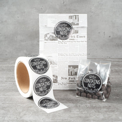 Label Tek Plastic Contains Nuts Label - Black with White Font, Tamper-Evident - 2" x 2" - 500 count box