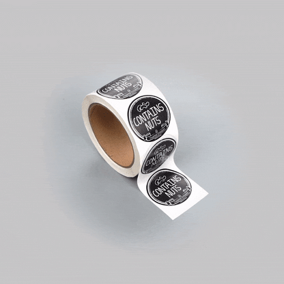 Label Tek Plastic Contains Nuts Label - Black with White Font, Tamper-Evident - 2" x 2" - 500 count box
