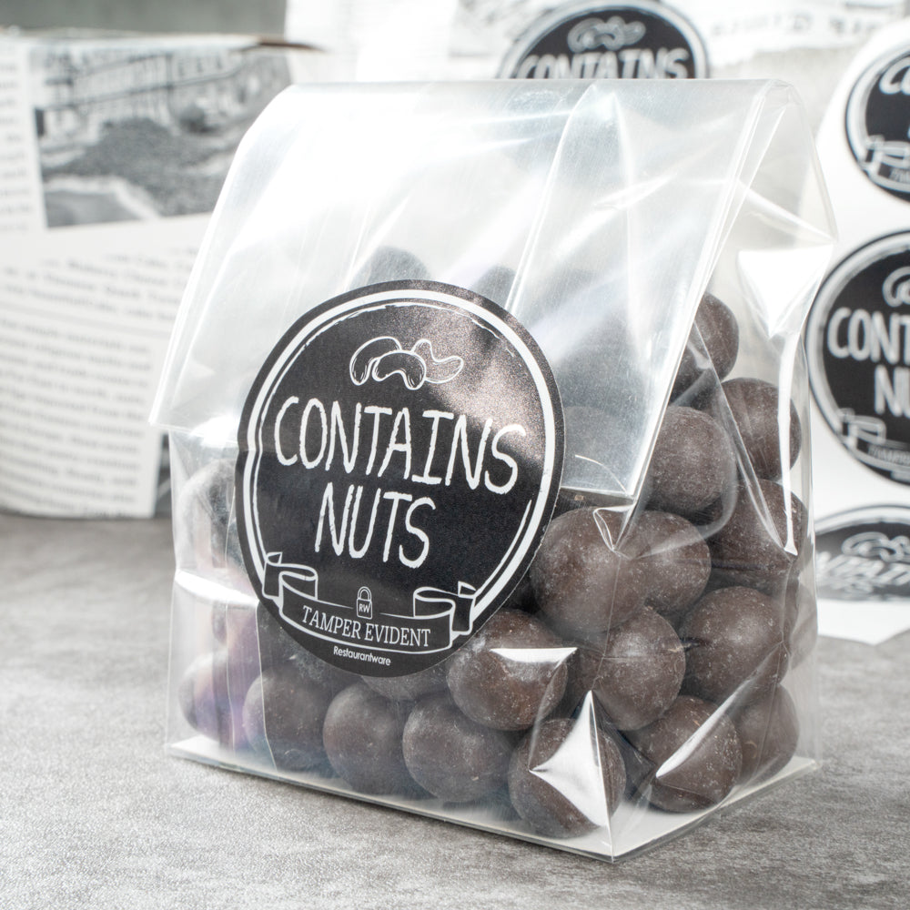 Label Tek Plastic Contains Nuts Label - Black with White Font, Tamper-Evident - 2" x 2" - 500 count box