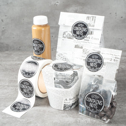 Label Tek Plastic Contains Nuts Label - Black with White Font, Tamper-Evident - 2" x 2" - 500 count box