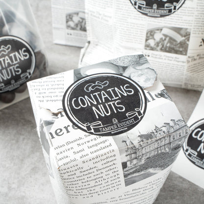Label Tek Plastic Contains Nuts Label - Black with White Font, Tamper-Evident - 2" x 2" - 500 count box