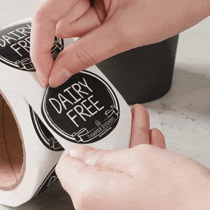 Label Tek Plastic Dairy Free Label - Black with White Font, Tamper-Evident - 2" x 2" - 500 count box