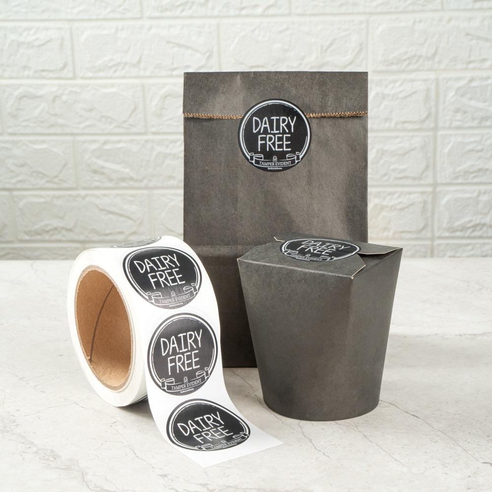 Label Tek Plastic Dairy Free Label - Black with White Font, Tamper-Evident - 2" x 2" - 500 count box