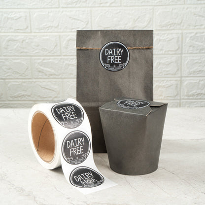 Label Tek Plastic Dairy Free Label - Black with White Font, Tamper-Evident - 2" x 2" - 500 count box