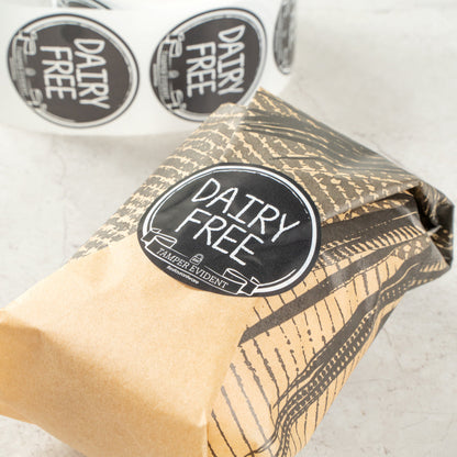Label Tek Plastic Dairy Free Label - Black with White Font, Tamper-Evident - 2" x 2" - 500 count box