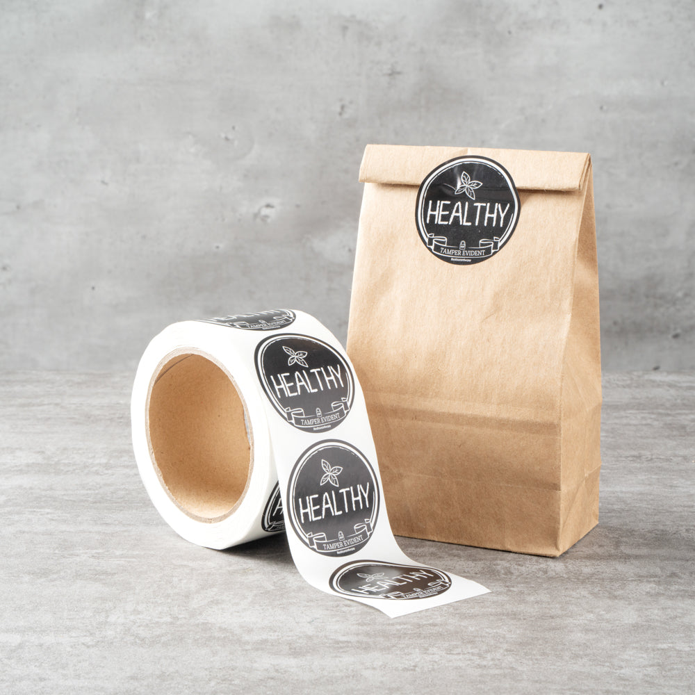 Label Tek Plastic Healthy Label - Black with White Font, Tamper-Evident - 2" x 2" - 500 count box