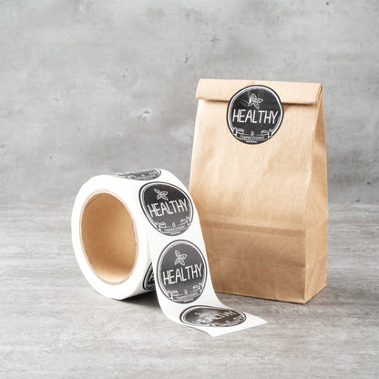 Label Tek Plastic Healthy Label - Black with White Font, Tamper-Evident - 2" x 2" - 500 count box